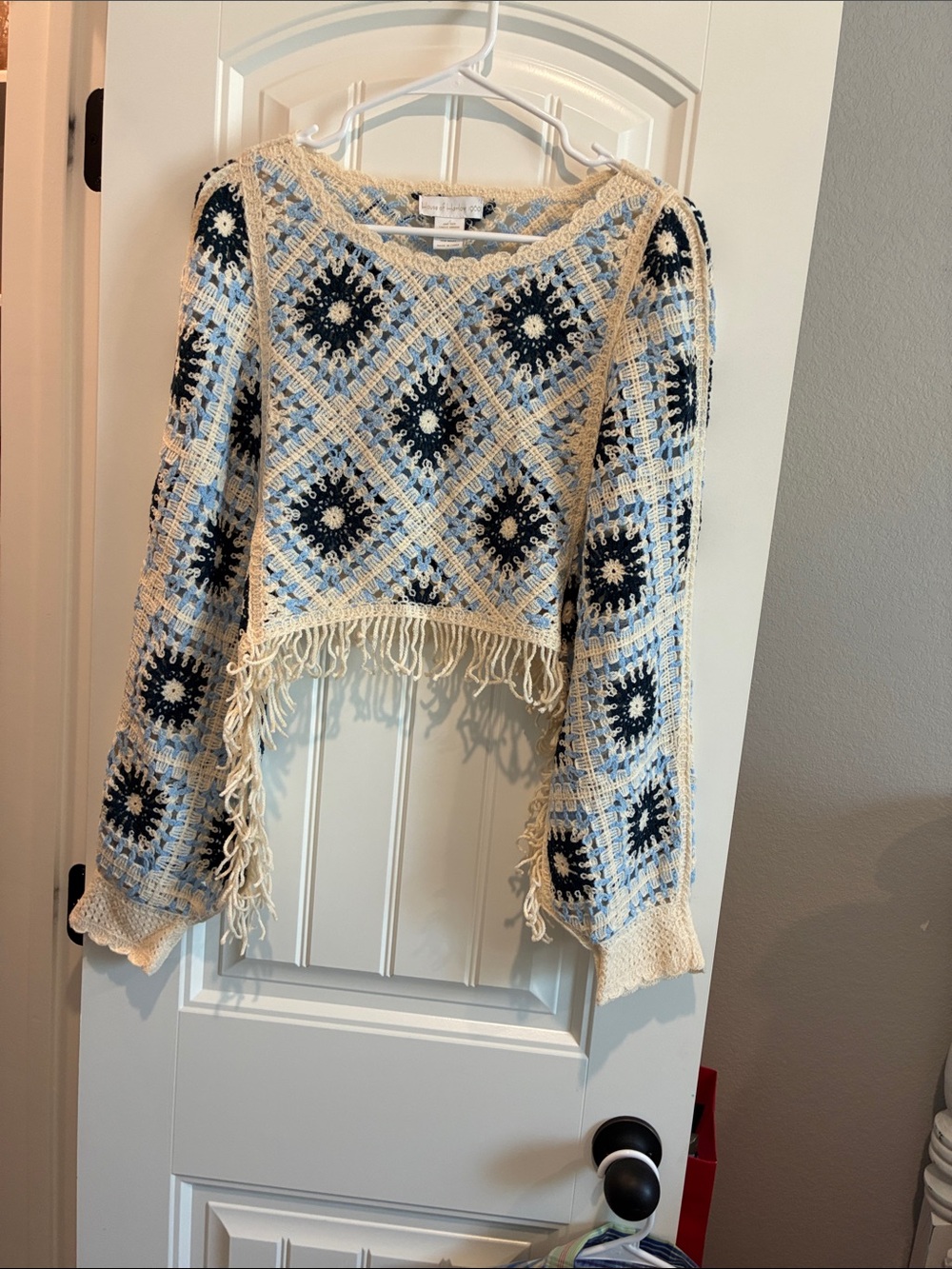 Crochet Fringe Blue & Cream Women's Sweater